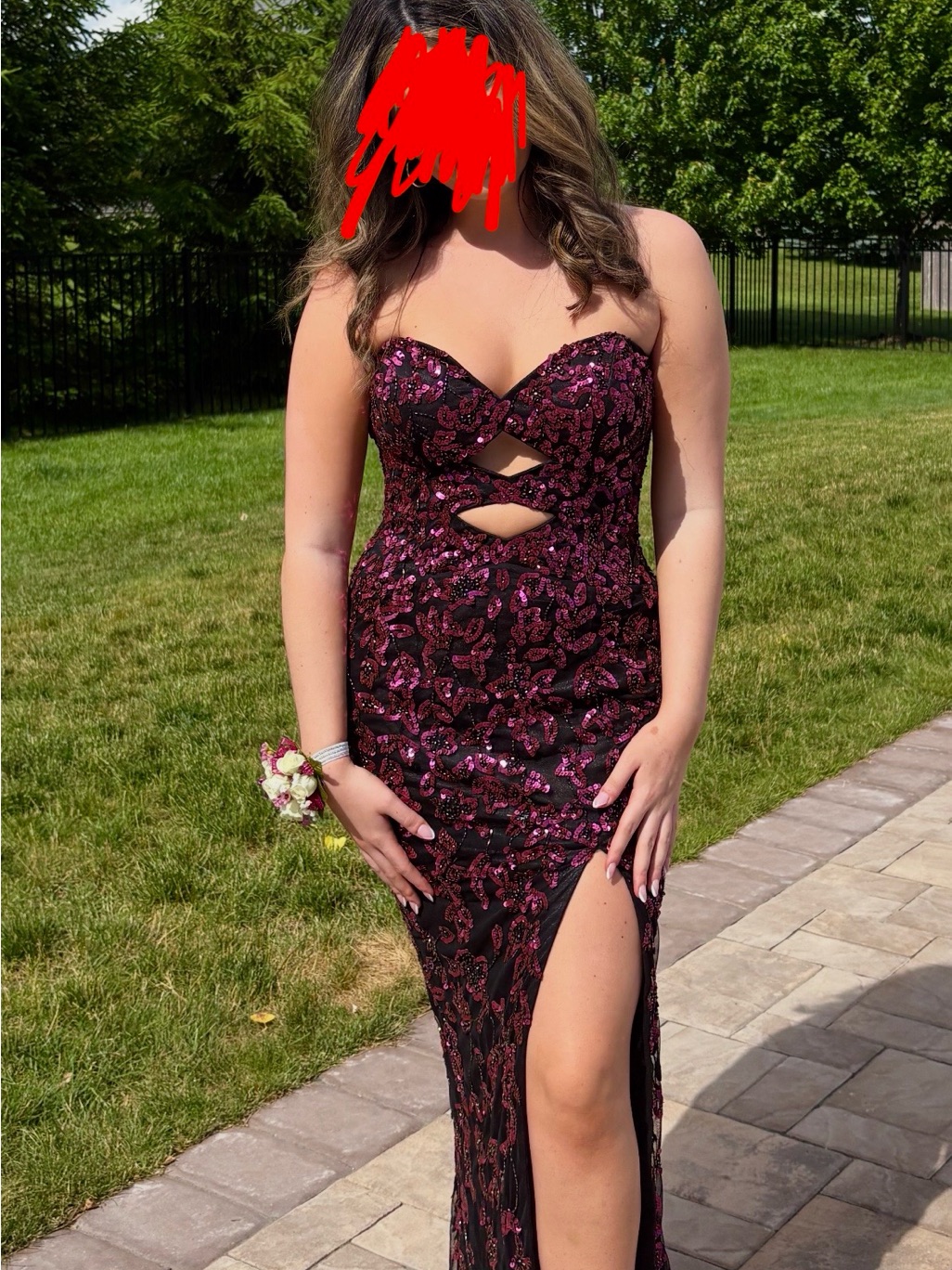 Strapless Black And Burgundy/Magenta Sequin Prom Dress